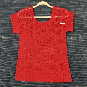 Red Crochet Top Short Sleeve Boho,‎ Coastal, Coquette, Cottage Core S-M 17" P-P